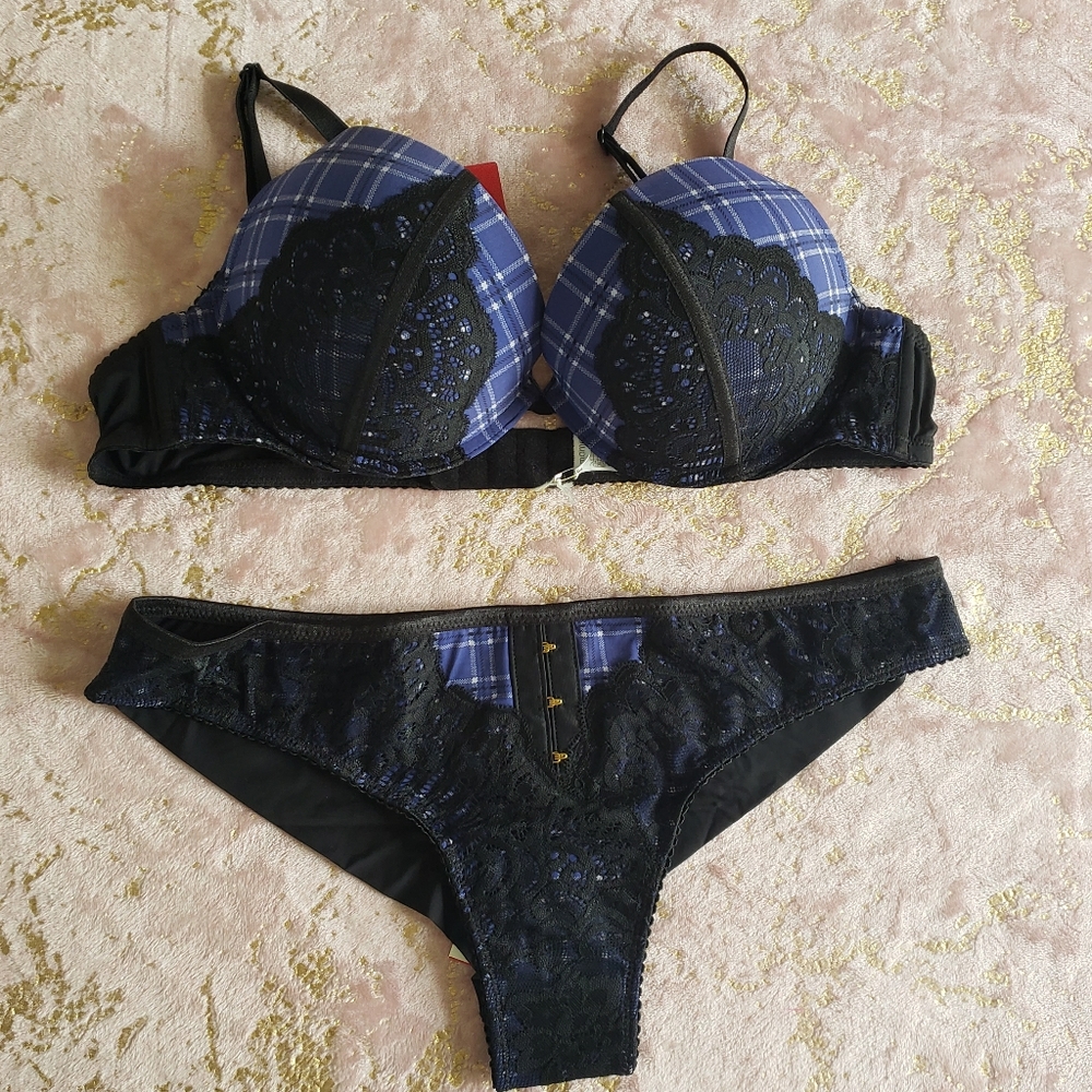 YAMAMAY* | Black & Blue Plaid-Lace Bra & Panty Set